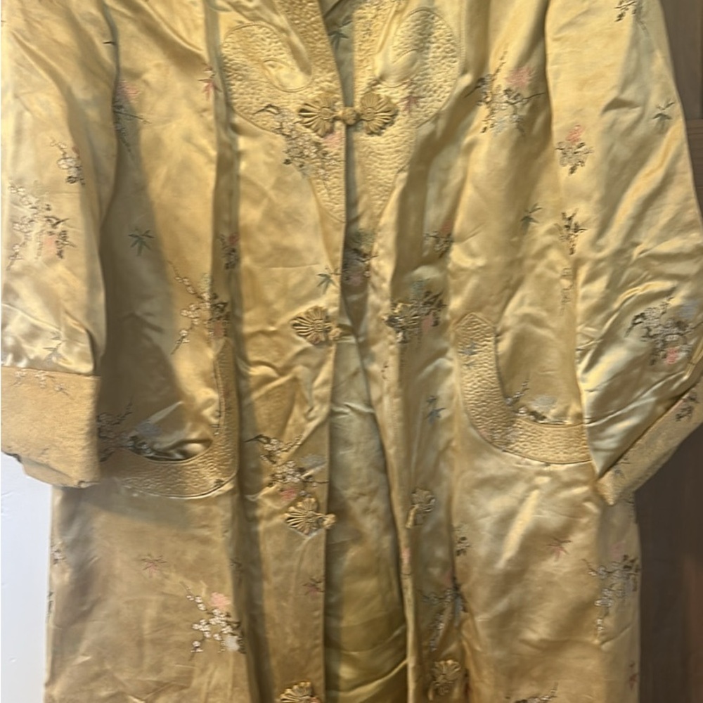 Gold Satin Robe with Three-Quarter Sleeves and Knee-Length Design